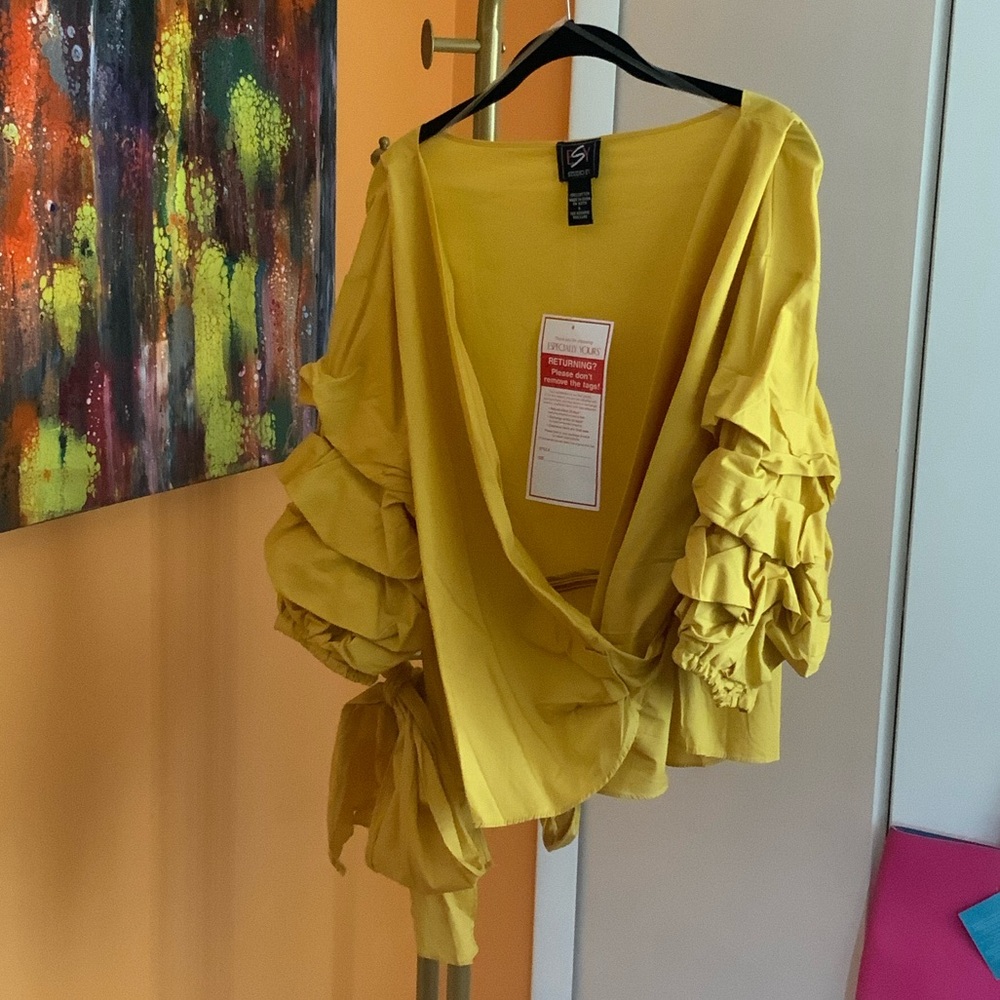 Studio Y Mustard Yellow Ruffle-Sleeve Wrap Top